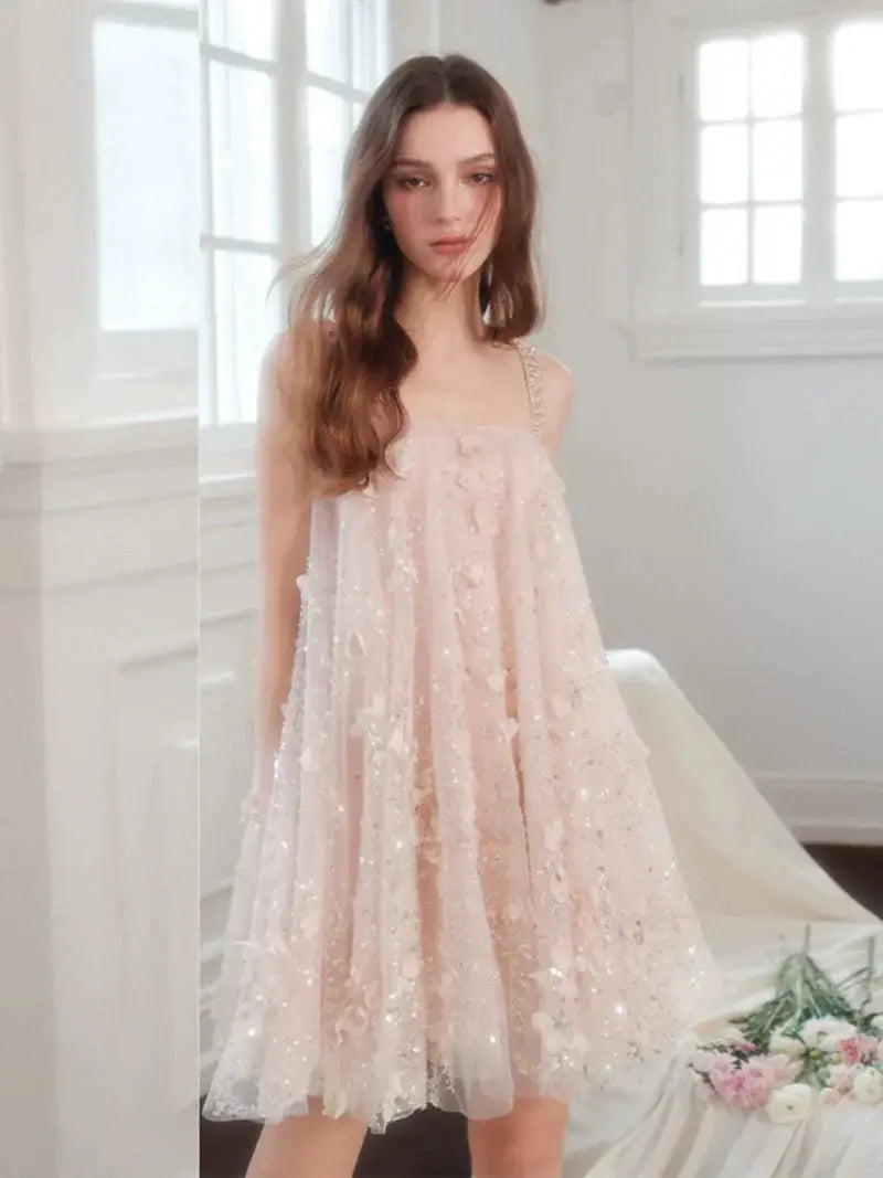 Pink Flower Embroidered Sequin Doll Party Dress