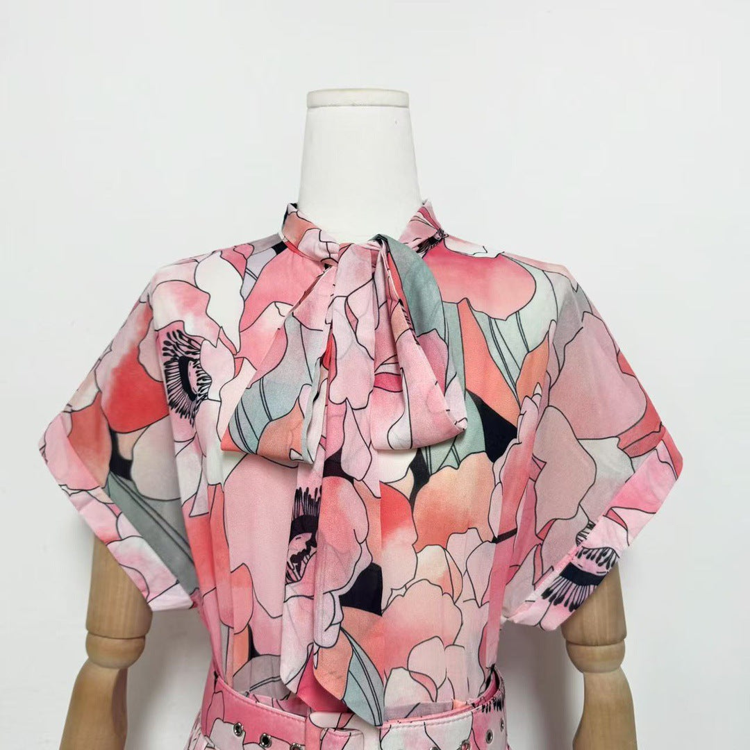 Floral Print Silk Organza Maxi Dress in Pink-Multi