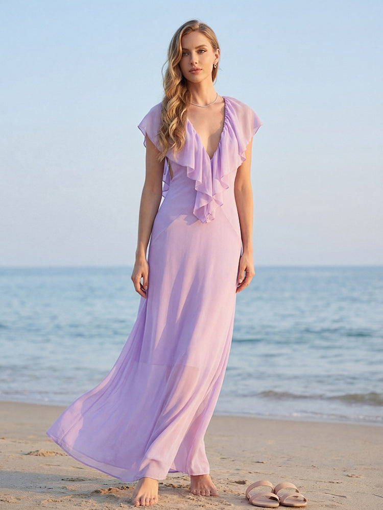 Deep V-Neck Lace Backless Maxi Dress in Purple
