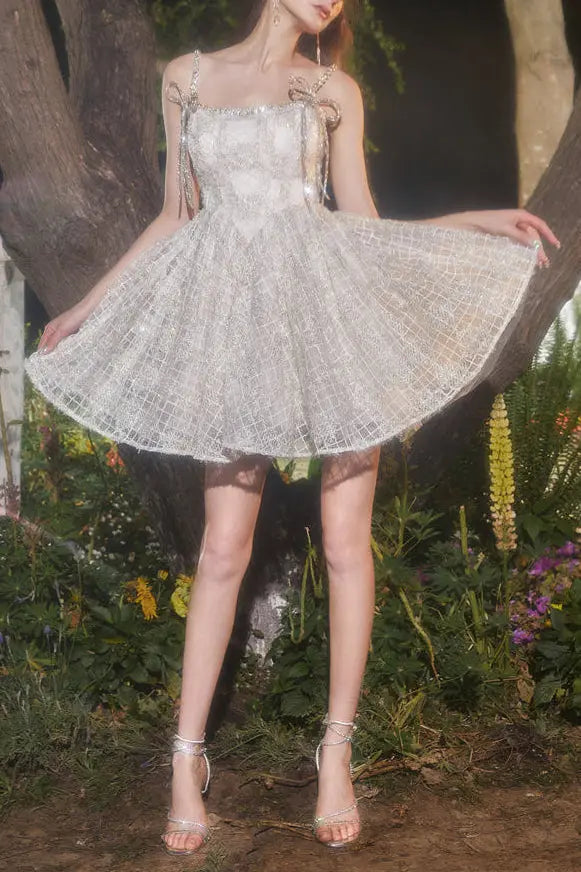 Beige Square Collar Sleeveless Lace Cocktail Dress