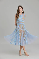 3D Embroidered Lace Mesh Midi Dress in Blue