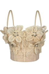 Strap Sheer Mesh 3D Flower Rhinestone Corset Bustier Top