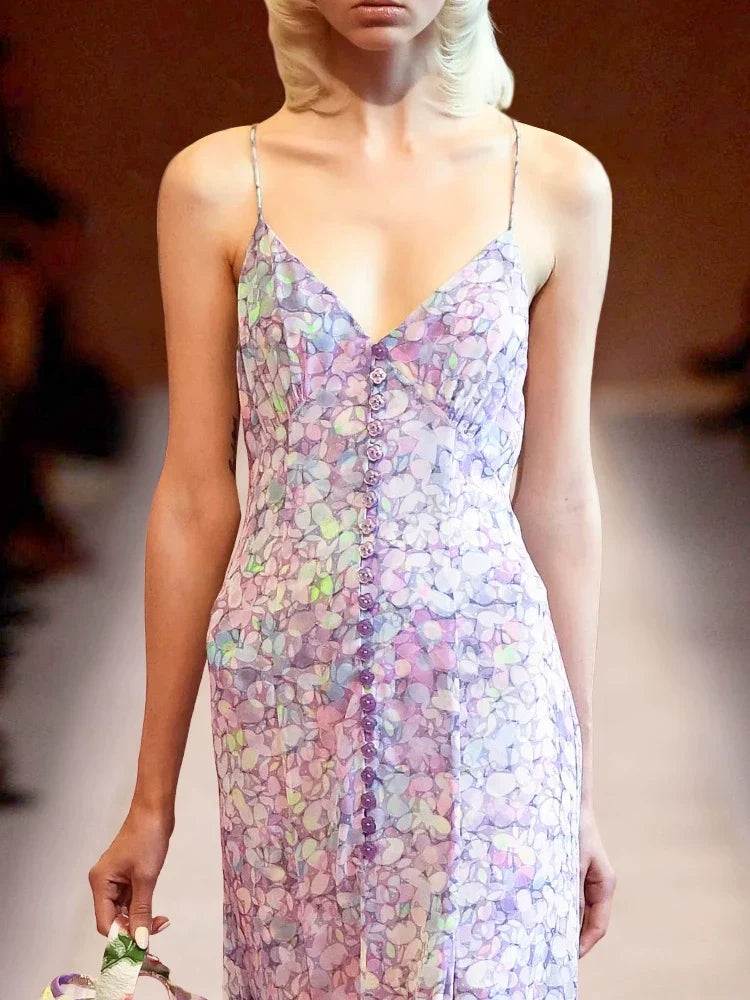 Pink Floral V-Neck Ruffle Maxi Dress