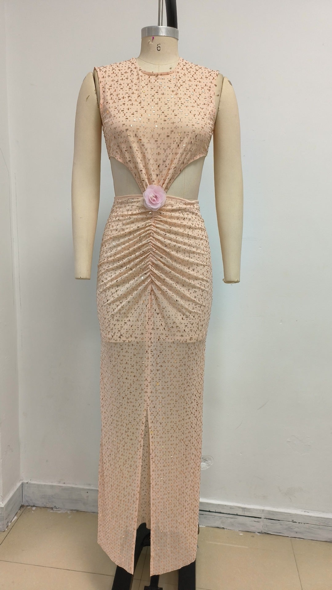 Flower Sequin Cutout Maxi Dress in Apricot