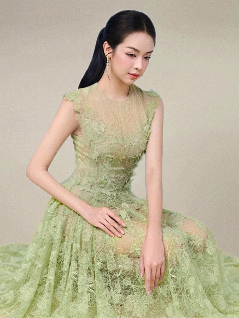 Lace Flower Embellished Maxi Dress in Green