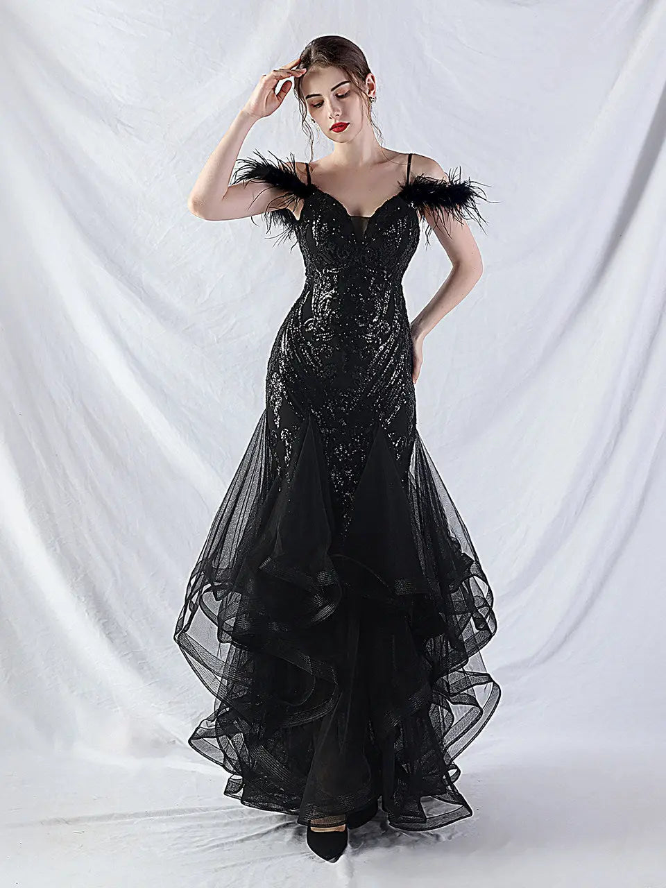Feather Sequin Maxi Dress