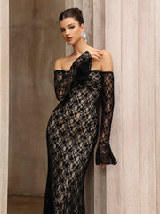 One-Shoulder Lace Long Sleeves Maxi Dress in Black