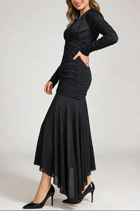 V-Neck Ruched Long-Sleeve Maxi Dress in Black