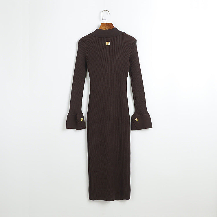 Contour V Neck Long Sleeve Knit Mini Dress