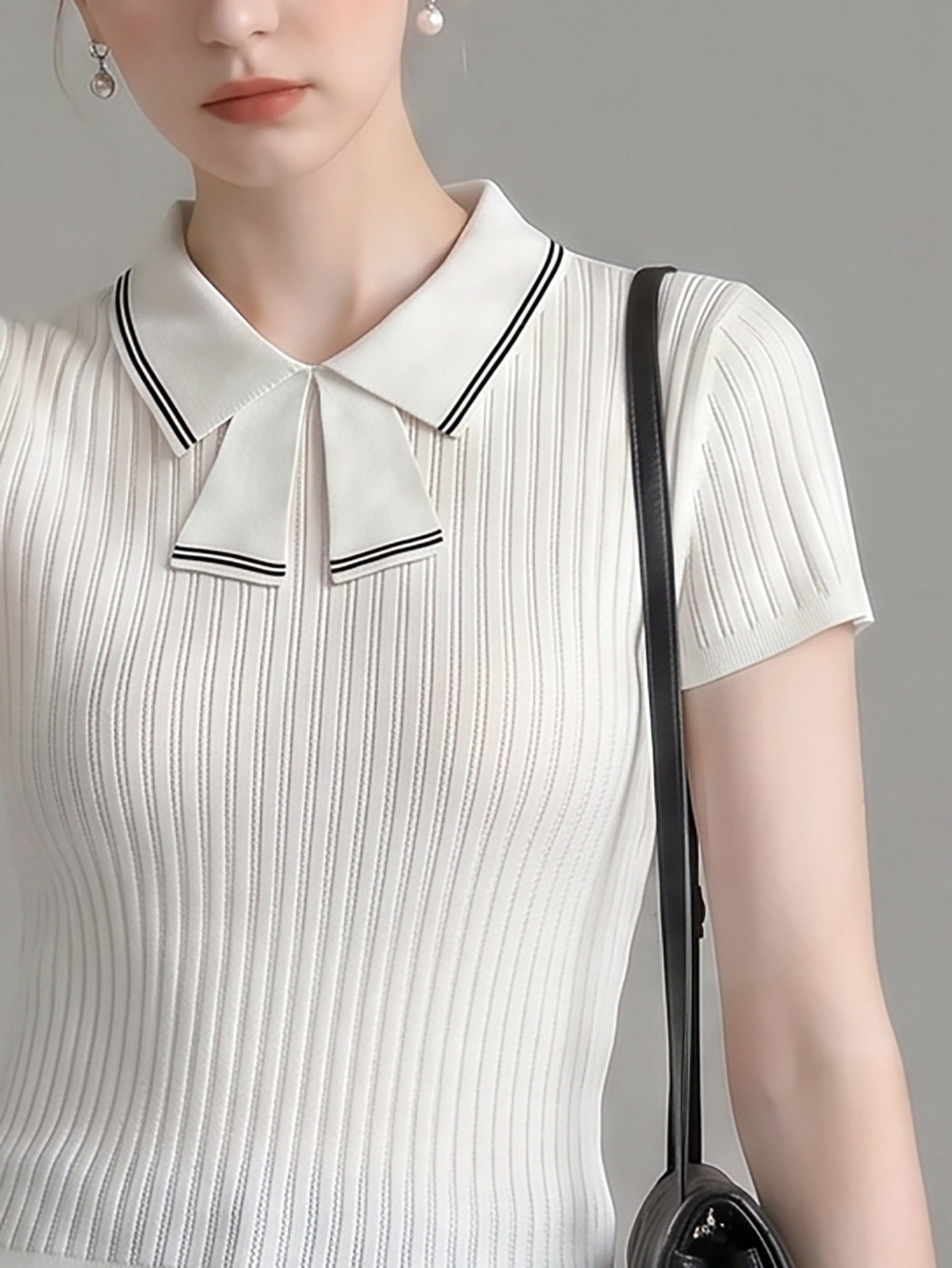 Collar Tie Ribbed Knit Short Sleeve Top
