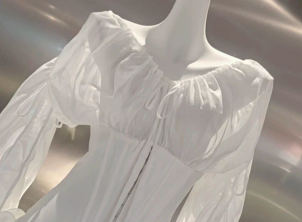 Off Shoulder Sheer Sleeve Corset Ruffle High Low Mini Dress