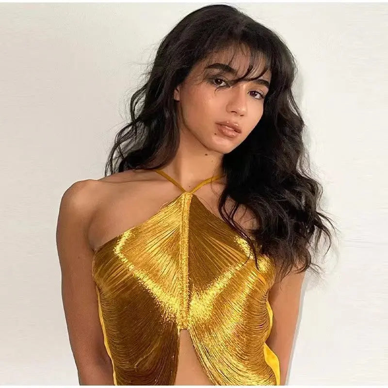 Off Shoulder Camisole Vest Fringed Top