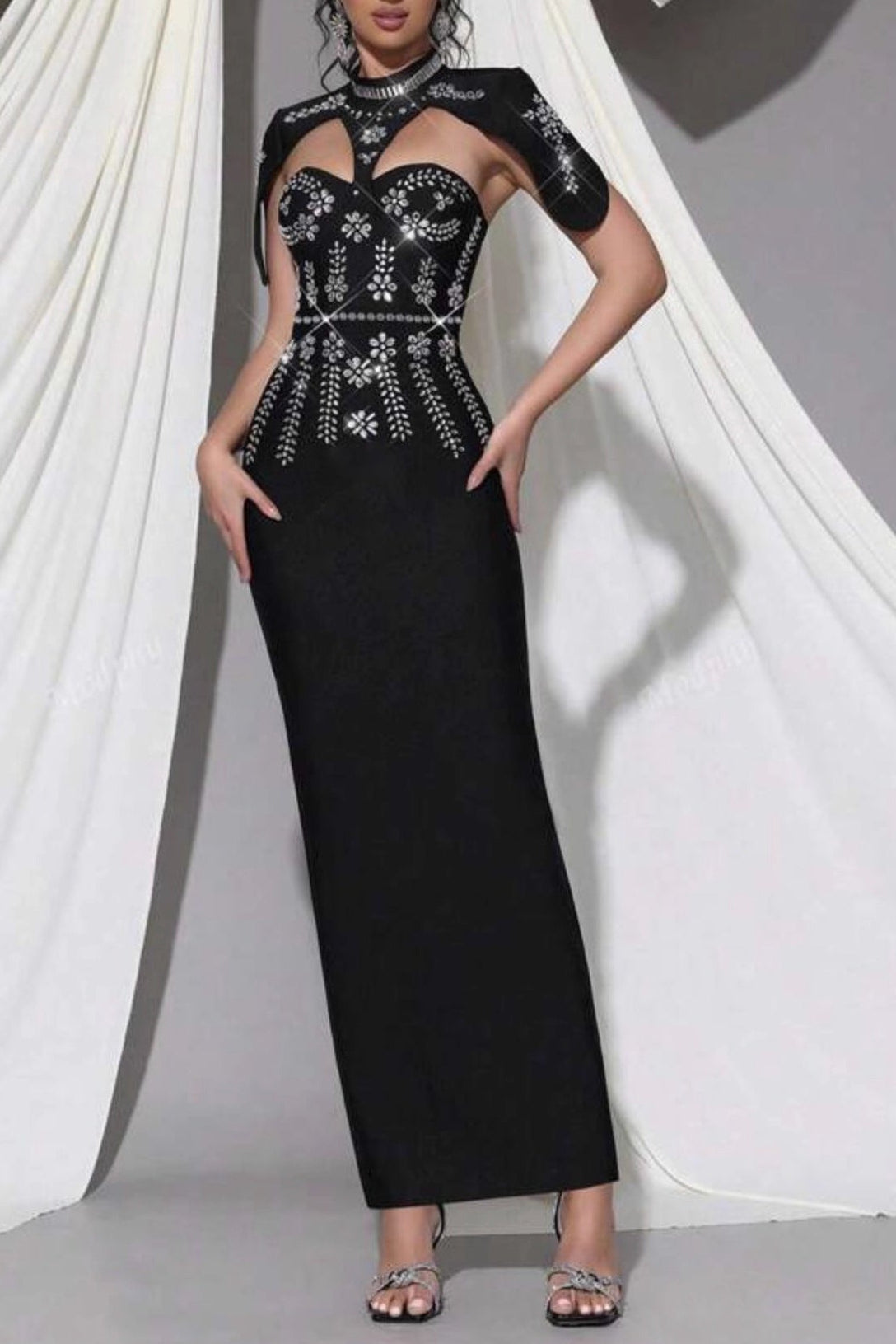 Black Shawl-Embellished Diamond Bandage Maxi Dress