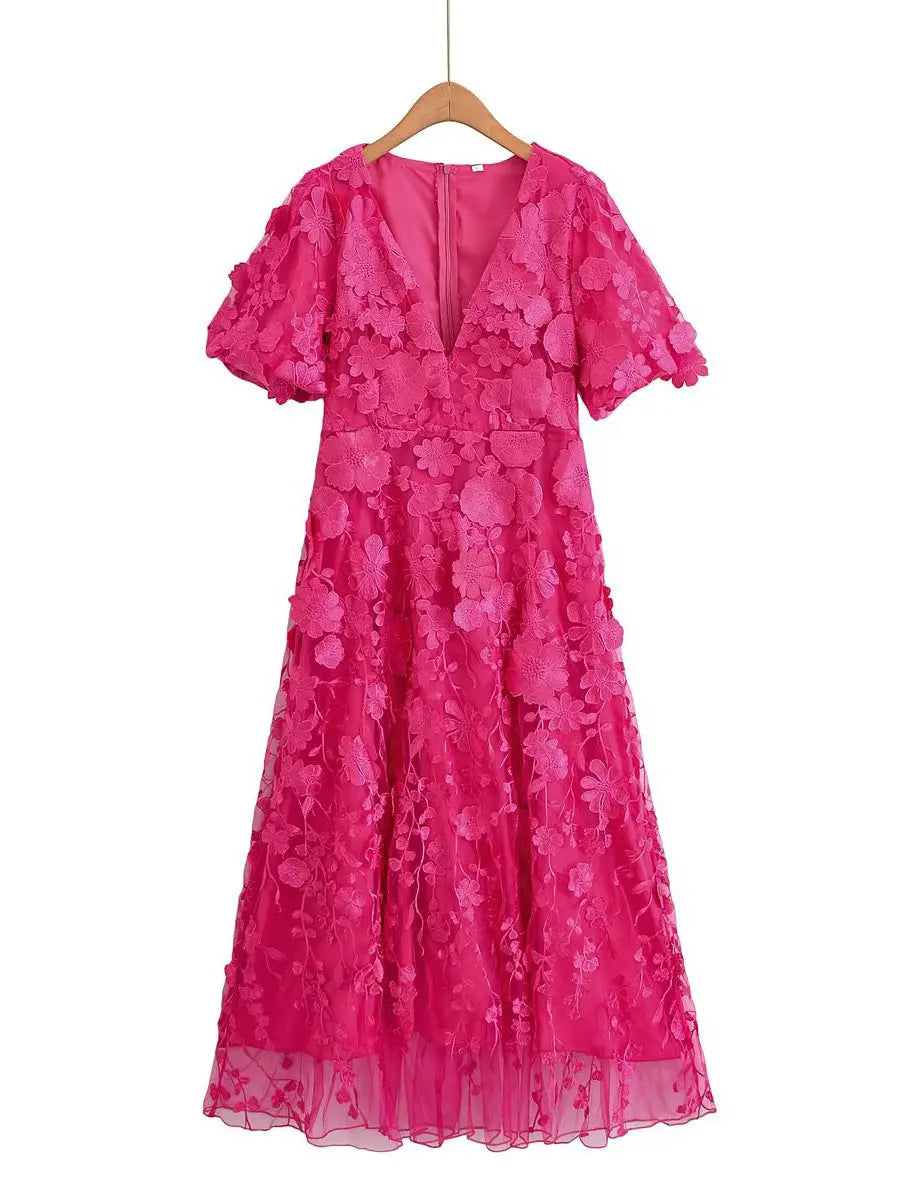 Puff Sleeve V-Neck Embroidery Midi Dress in Rose Red