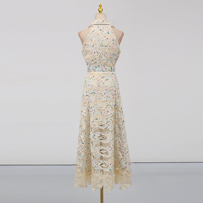Sleeveless Hollow Lace Maxi Dress in Beige
