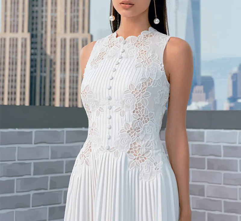 Lace Embroidery Midi Dress in White