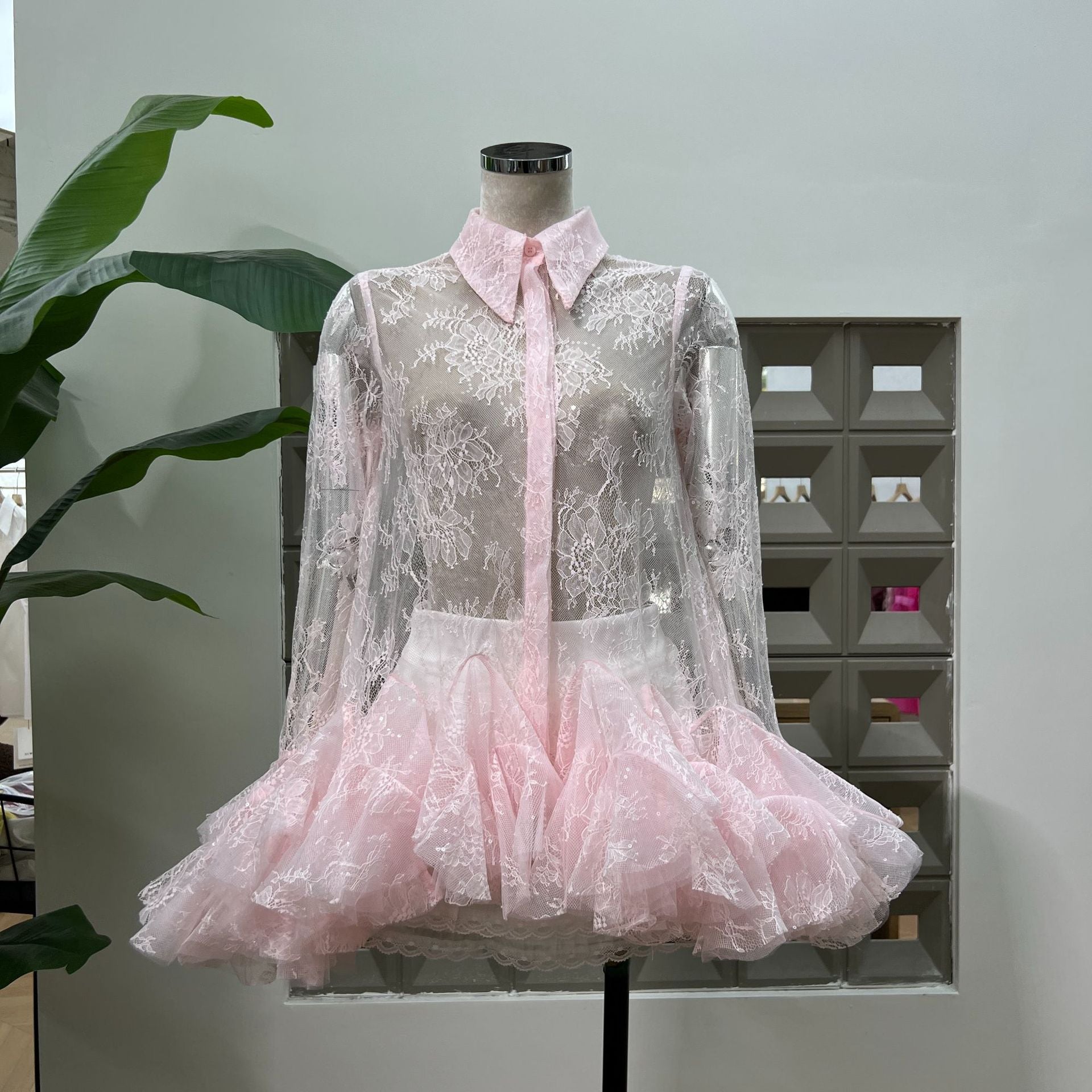 Pink Mesh Lace Ruffled Sleeve Shirt Dress Shorts Set