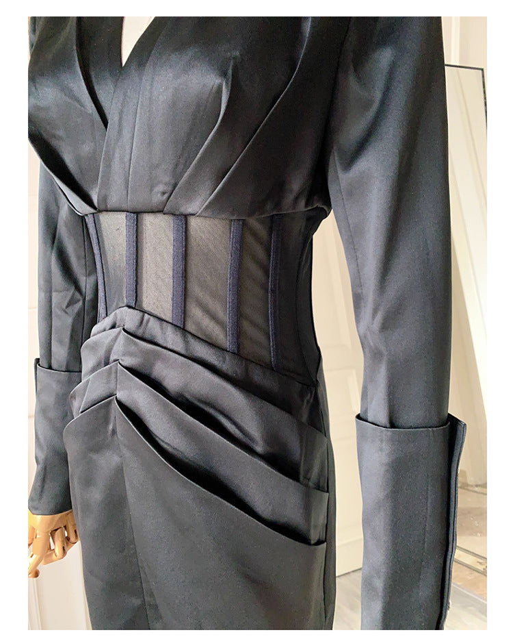 Deep V See-Through Fishbone Hip Blazer Mini Dress in Black