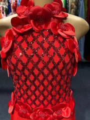 3D Flower Sequin Halter Bandage Maxi Dress in Red