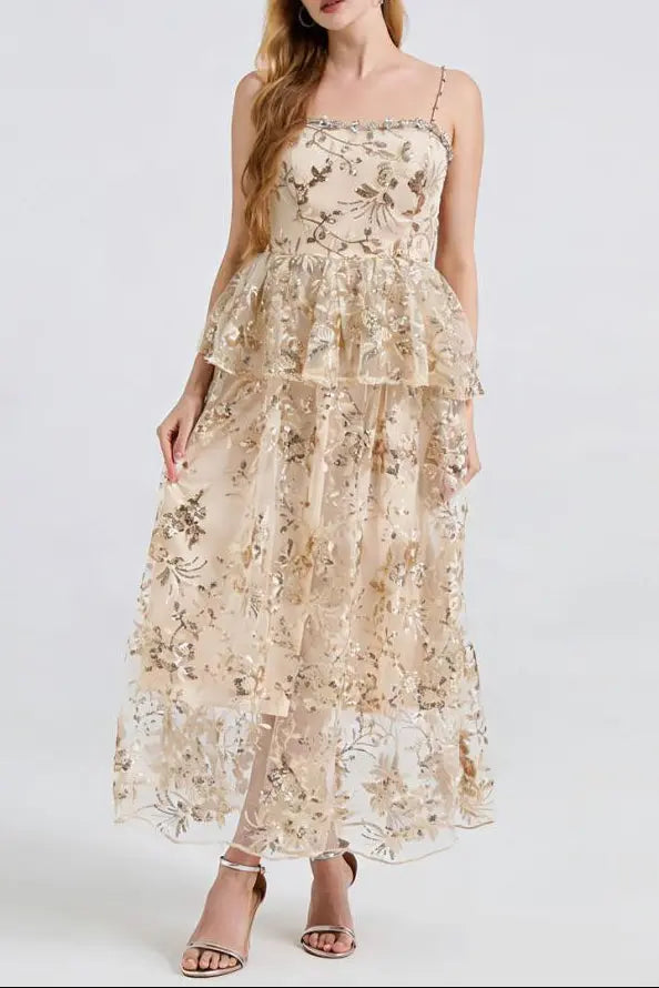 Gold Rhinestone Sequin Embroidery Maxi Dress