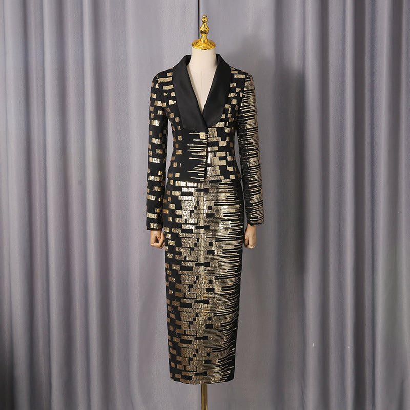 High-Waisted Skirt Gold Sequin Print Blazer Suit in Black