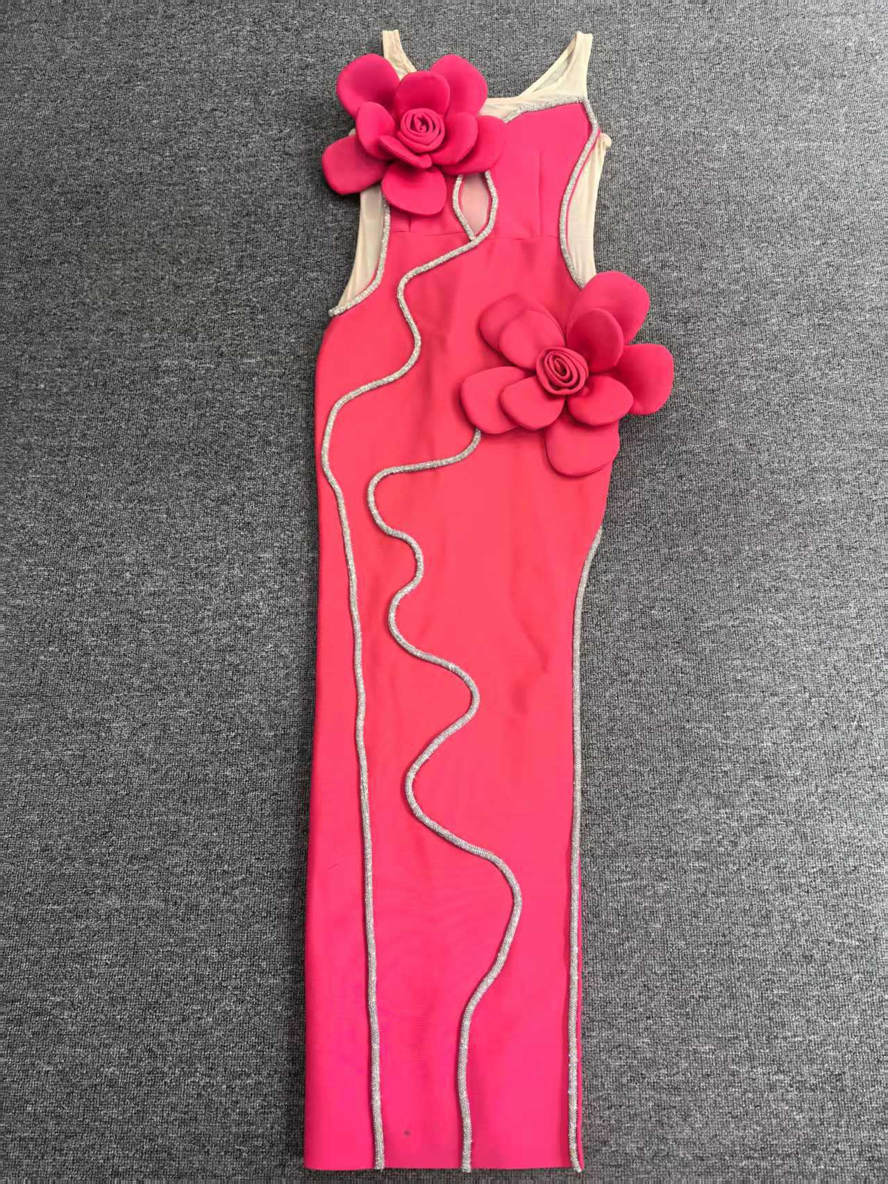 Diamond 3D Flower Sequin Bandage Maxi Dress in Rose Red