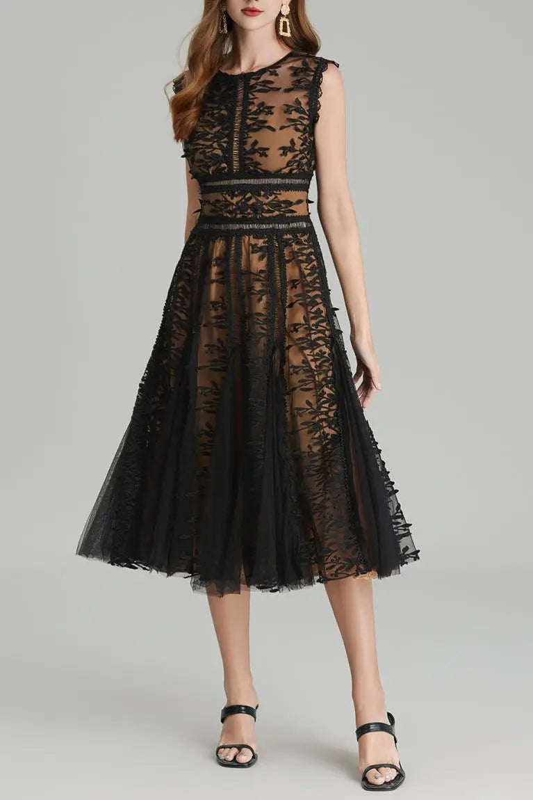 3D Embroidered Lace Mesh Midi Dress in Black