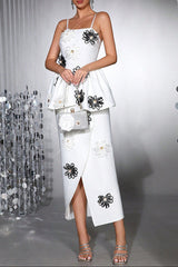 White Bodycon Midi Dress Bandage Elastic Sling with Handmade Flower