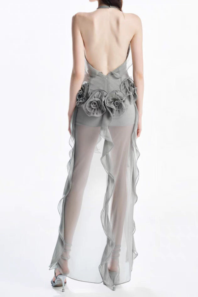 Grey Flower Folds Streame Mini Dress