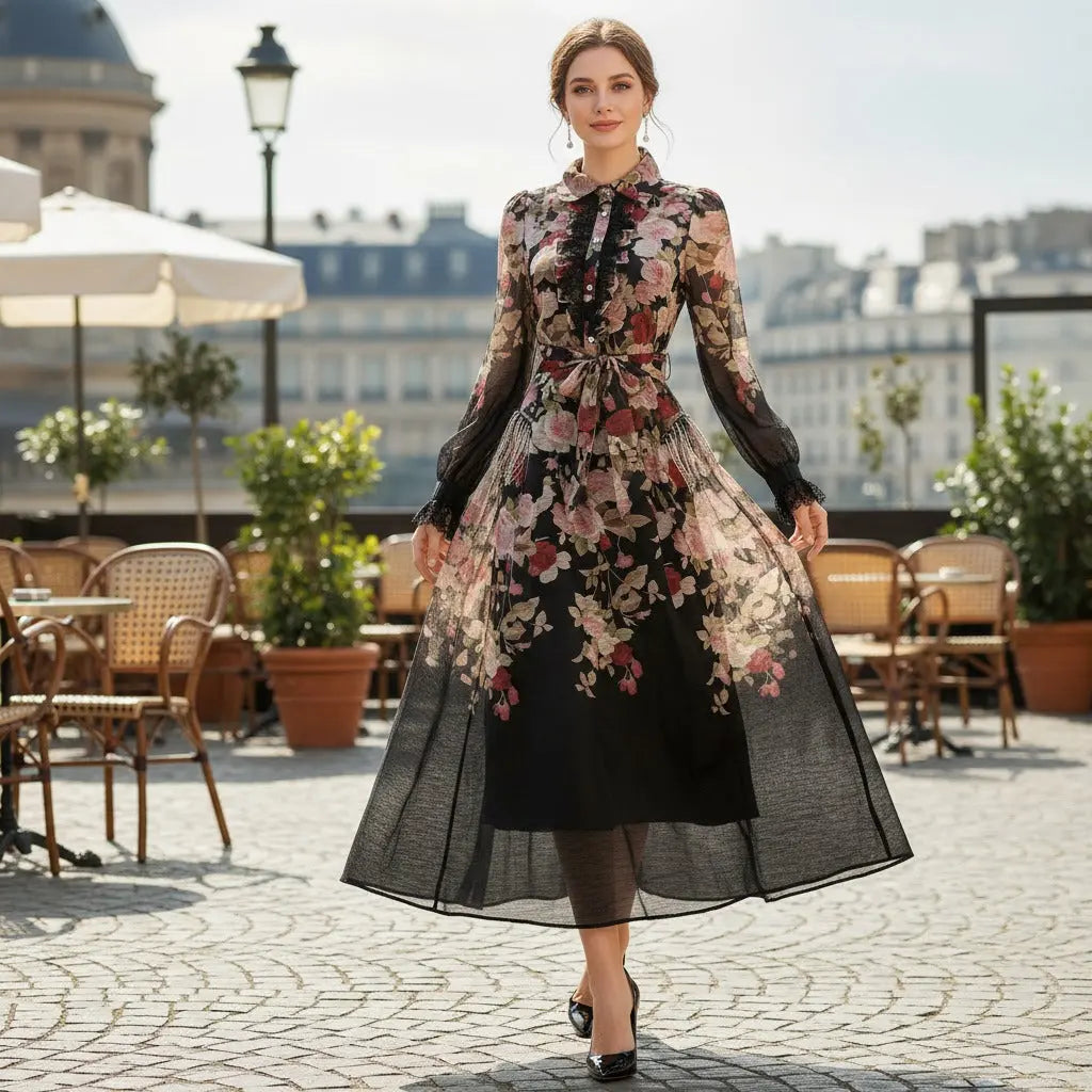 Long Sleeve Floral Printed Woven Maxi Dress
