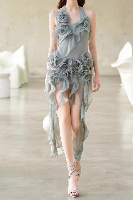 Grey Flower Folds Streame Mini Dress