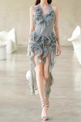Grey Flower Folds Streame Mini Dress
