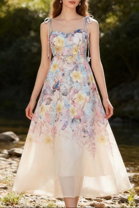 Floral Print Strap Midi Dress with 3D Flower Appliques
