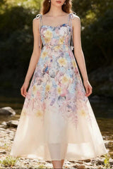 Floral Print Strap Midi Dress with 3D Flower Appliques
