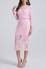 Rhinestone Fishbone Lace Midi Dress in Pink