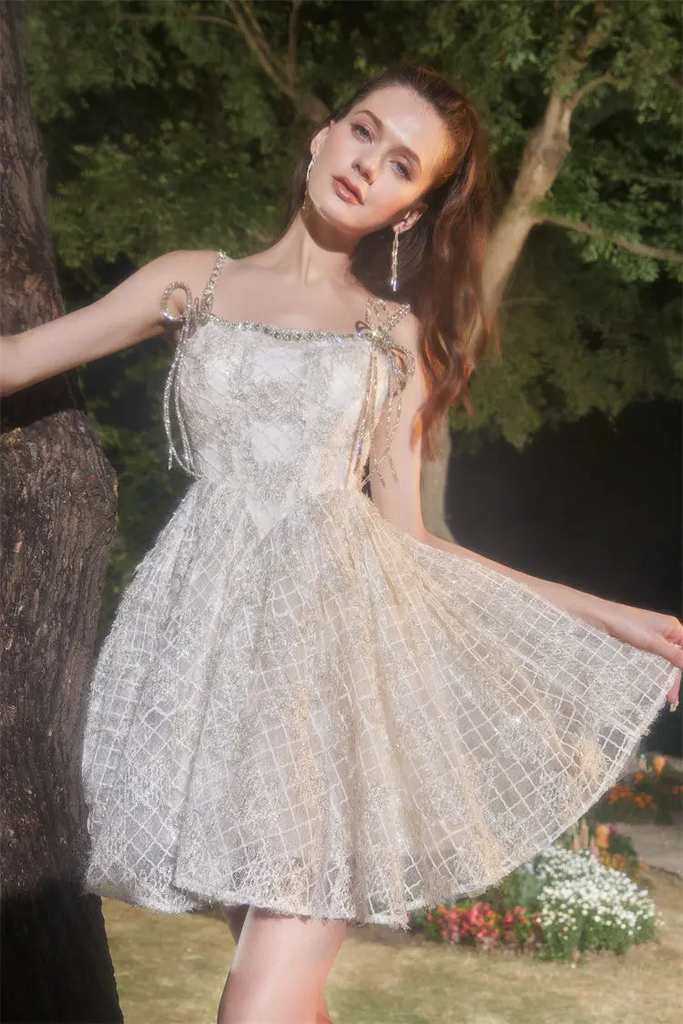 Beige Square Collar Sleeveless Lace Cocktail Dress