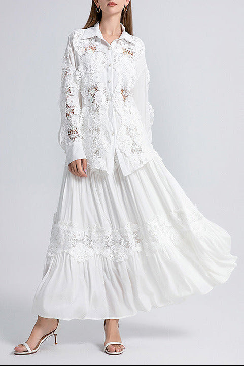 Splicing Flapped Lace Hollow Midi Dress in White