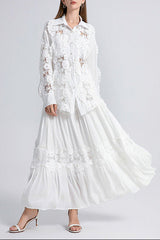 Splicing Flapped Lace Hollow Midi Dress in White