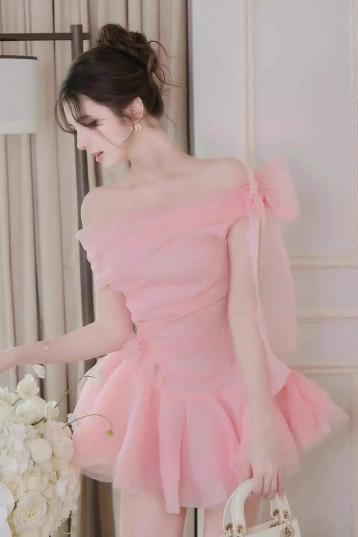 Off-Shoulder Mesh Mini Dress in Pink
