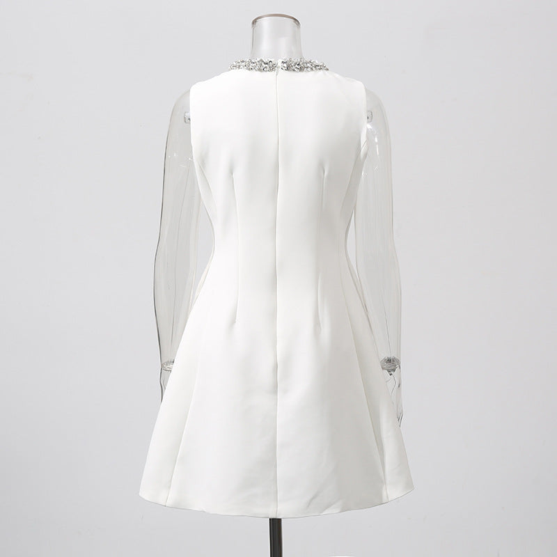 Round Neck Diamond Sleeveless Dress in White