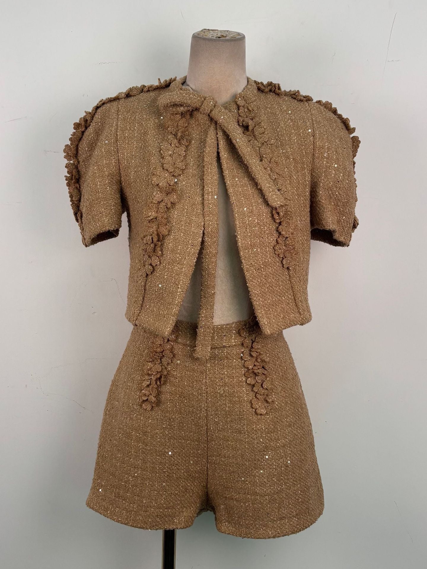 Brown Flower Embellished Cardigan Shorts Set