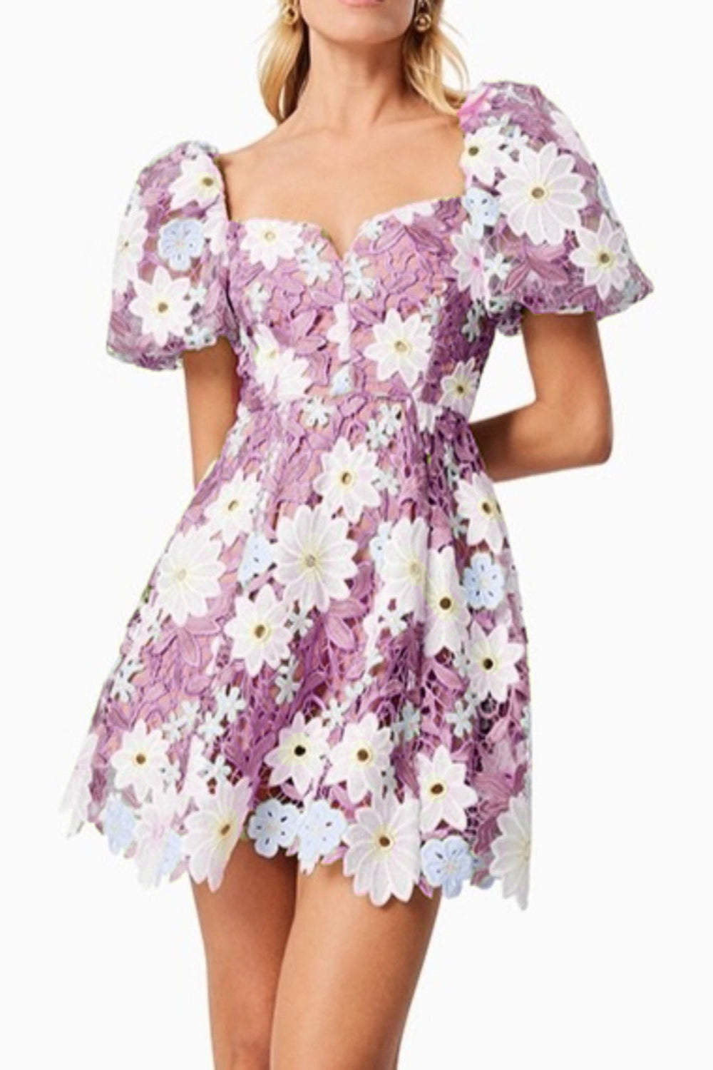 Hollow Hook Lace Mini Dress in Purple