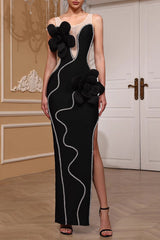 Diamond 3D Flower Sequin Bandage Maxi Dress in Black