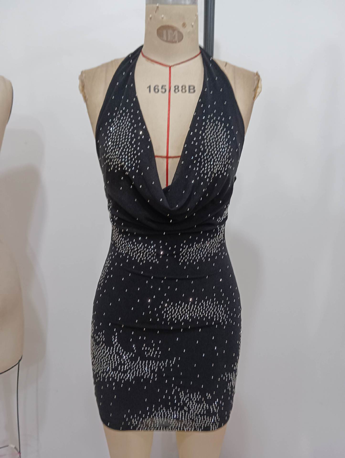 Halter V-Neck Sequin Bodycon Mini Dress in Black