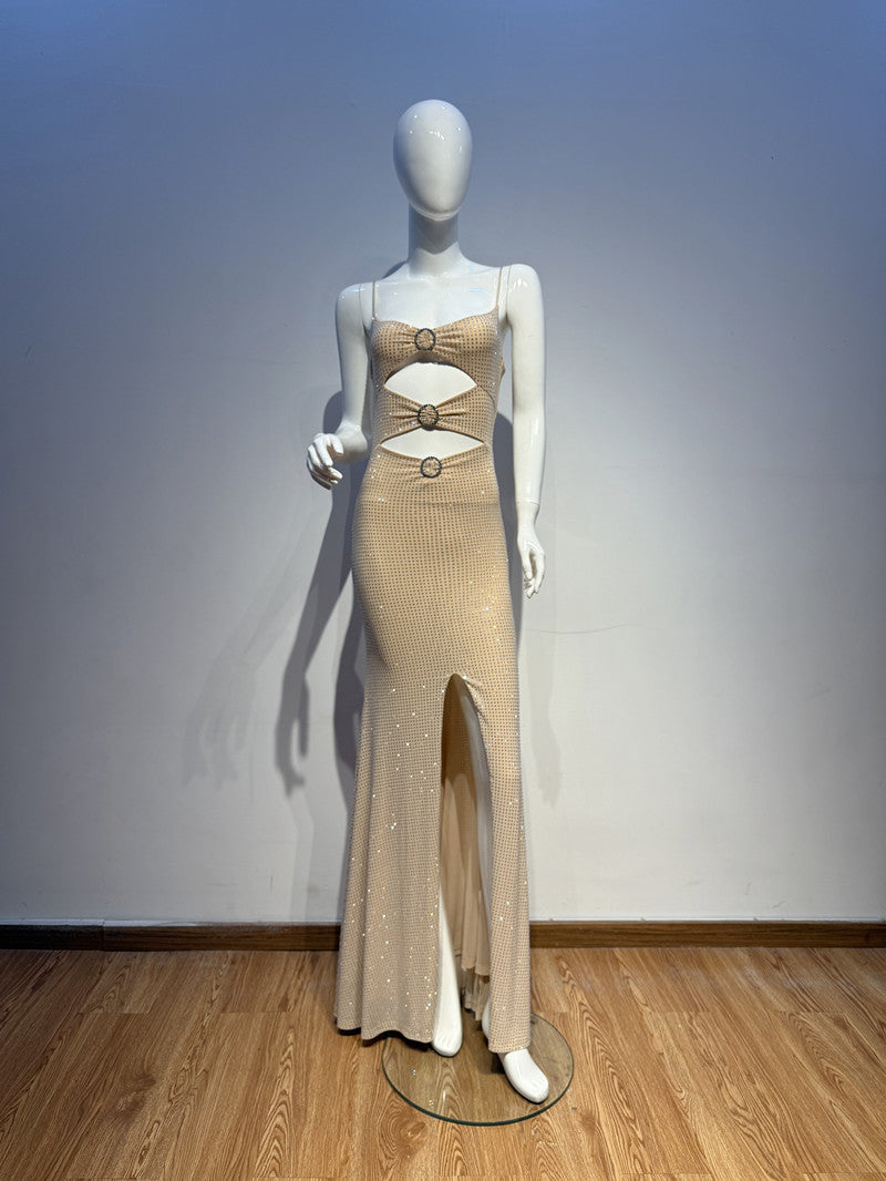 Rhinestones High Cutout Bodycon Maxi Dress in Apricot