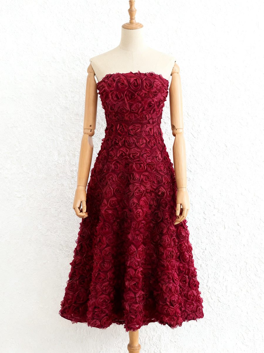 3D Rose Mesh Maxi Dress in Wine Red