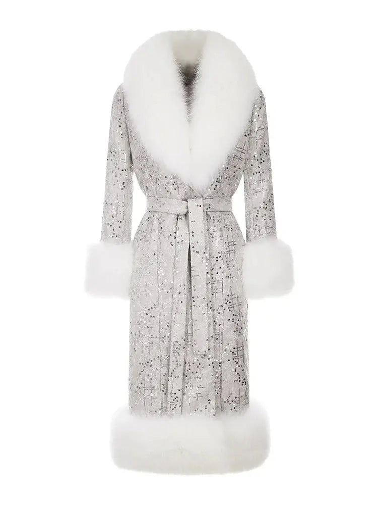 Sliver Tie Long Sleeve Long Fur Autumn Coat