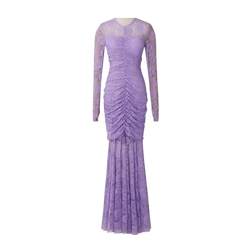 Lace Hollow Ruched Bodycon Long Sleeve Maxi Dress in Purple