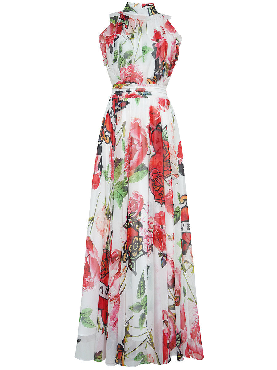 Floral Printed Sleeveless Flowing Large Swing Dress
