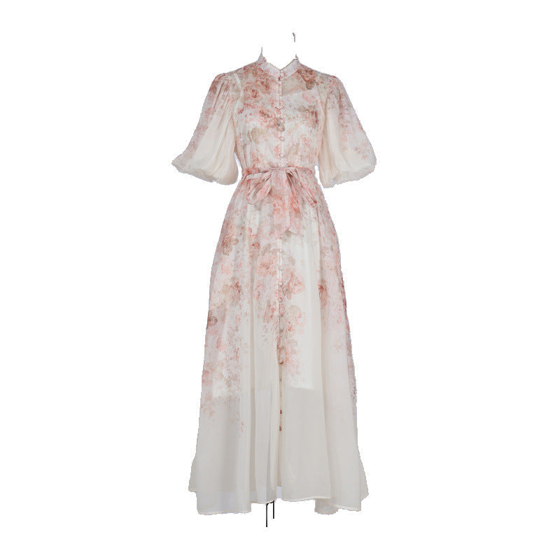 Pink Floral Print Mandarin Collar Maxi Dress